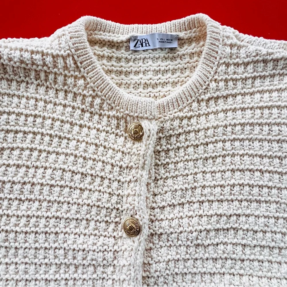 Zara Cream Cardigan Sweater - Cotton Blend Knit. Size L. - Picture 6 of 14